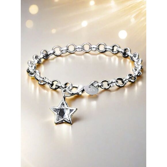 925 Silver Rolo Link Charm Bracelet Pentagram Cubic Zirconia Star Crystal 7.5" - Picture 1 of 6